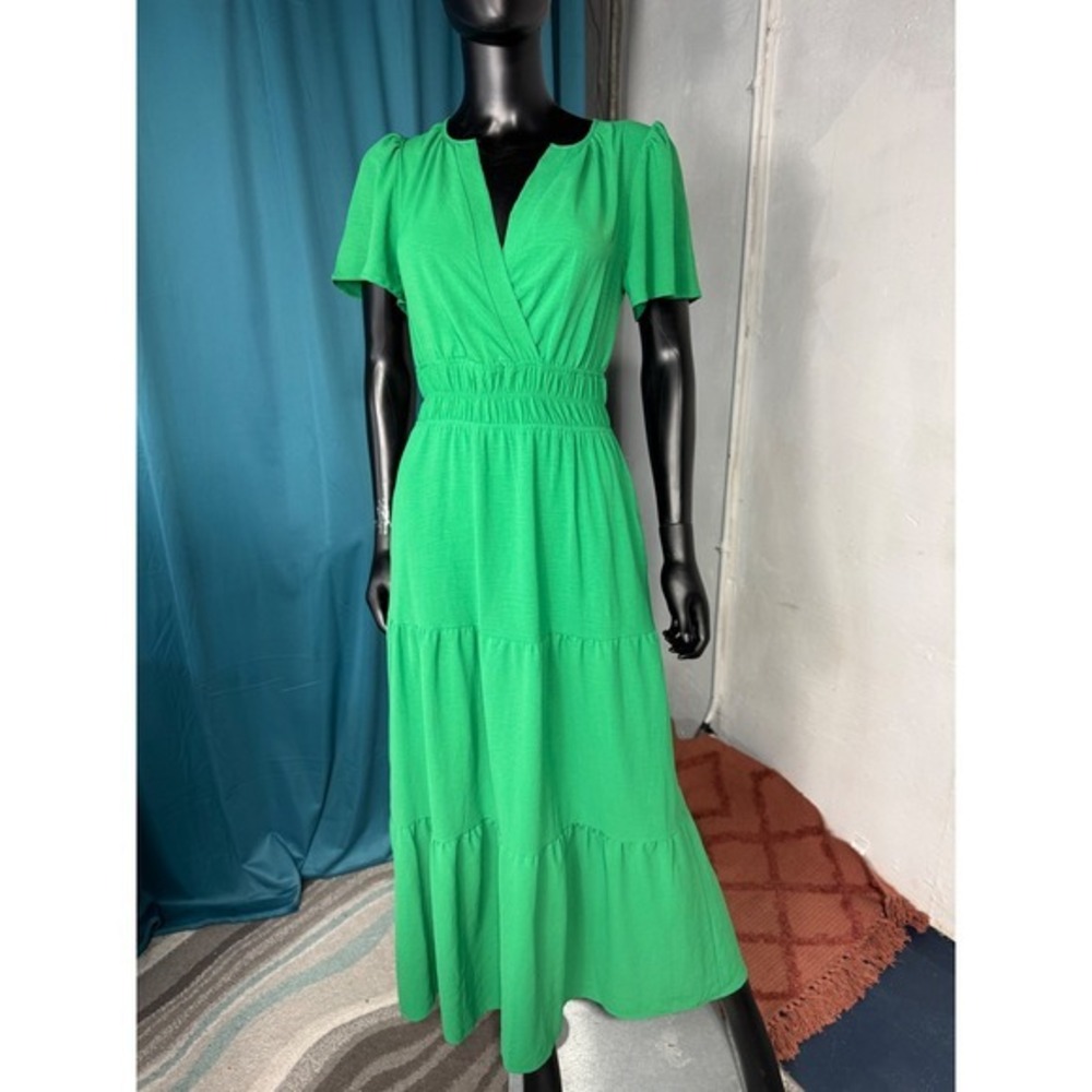 Monteau Los‎ Angeles Green V Neck Flutter Sleeve Tiered Maxi Dress M